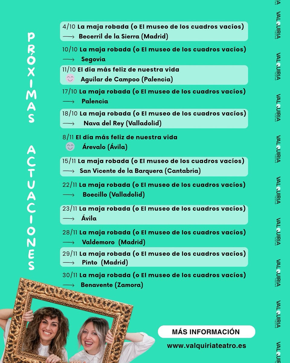 ✨¡Las Valquirias de gira!✨

Tenemos por delante dos meses llenos de funciones
📌 “La maja robada (o el museo de los cuadros vacíos)”
📌 “El día más feliz de nuestra vida”

¡Apunta las fechas y acompáñanos en los escenarios!

#lamajarobada #eldiamasfelizdenuestravida