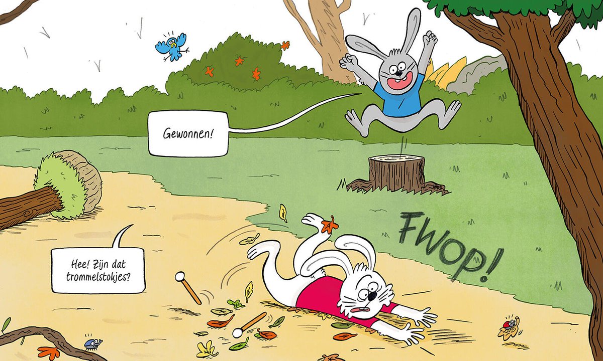 stripland_BENL's tweet image. #WouterGoudswaard (Het Grote TOS Mysterie, Ridiculand, Schaap &amp;amp; Godin) heeft een stripboek voor jonge lezertjes gemaakt: Dit is geen #Trommel! Twee konijnen vinden trommelstokken in het bos. Overal zit muziek in, al weet je nooit of iedereen dat zo hoort. Nu te koop. #Menlu
