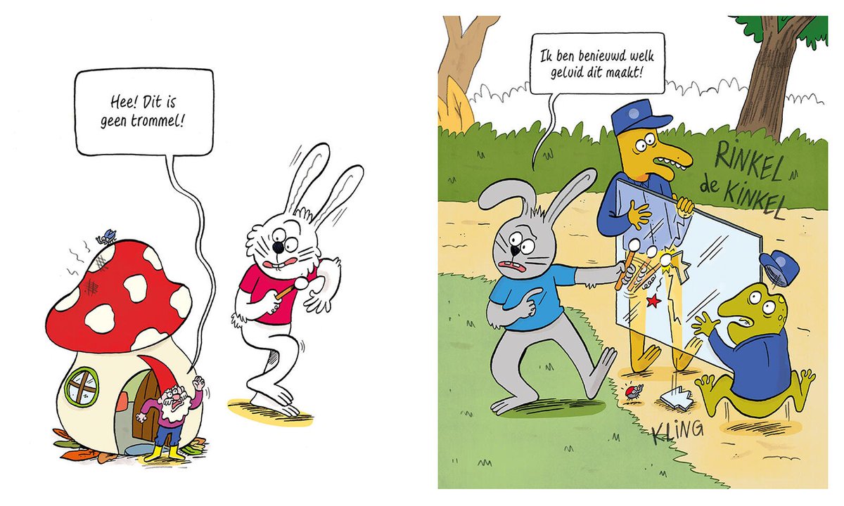 stripland_BENL's tweet image. #WouterGoudswaard (Het Grote TOS Mysterie, Ridiculand, Schaap &amp;amp; Godin) heeft een stripboek voor jonge lezertjes gemaakt: Dit is geen #Trommel! Twee konijnen vinden trommelstokken in het bos. Overal zit muziek in, al weet je nooit of iedereen dat zo hoort. Nu te koop. #Menlu