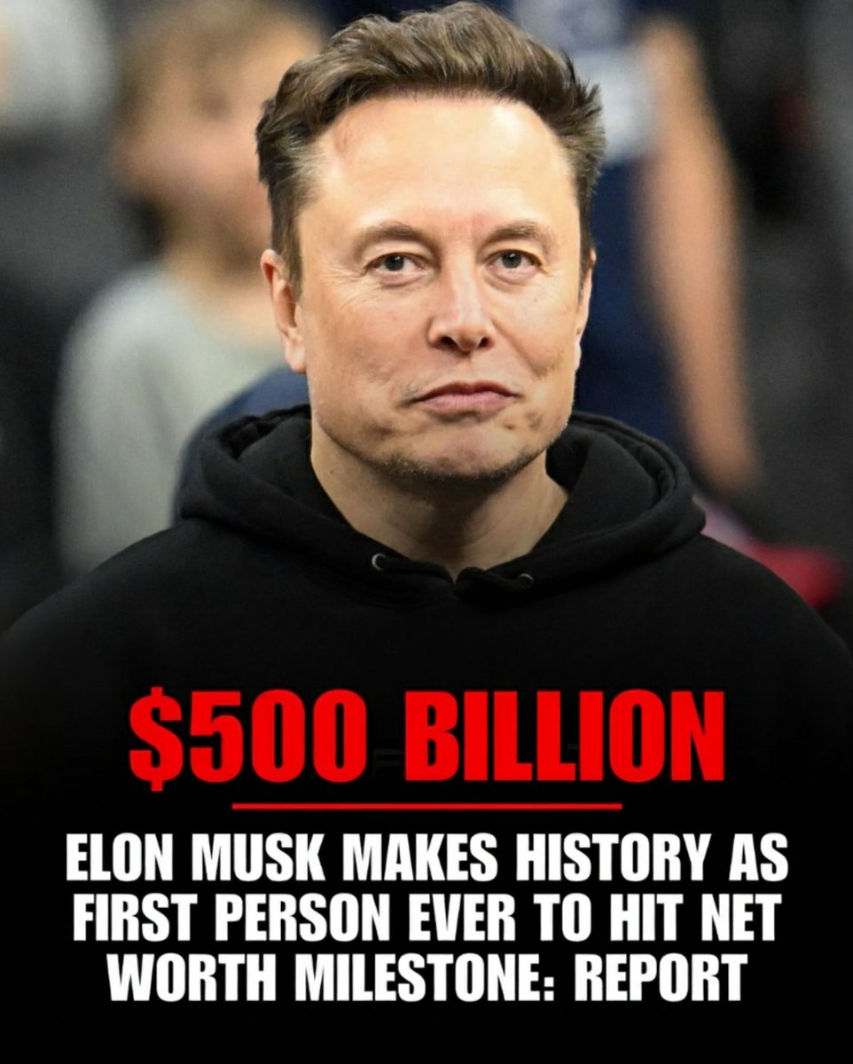 anonymousgroupx's tweet image. Elon Musk just became the first person in history to hit a $500 BILLION net worth 💰. That’s more than the GDP of many countries! From Tesla to SpaceX, his empire keeps growing — and experts predict he could become the world’s first trillionaire by 2033. 🤯
Half a trillion…