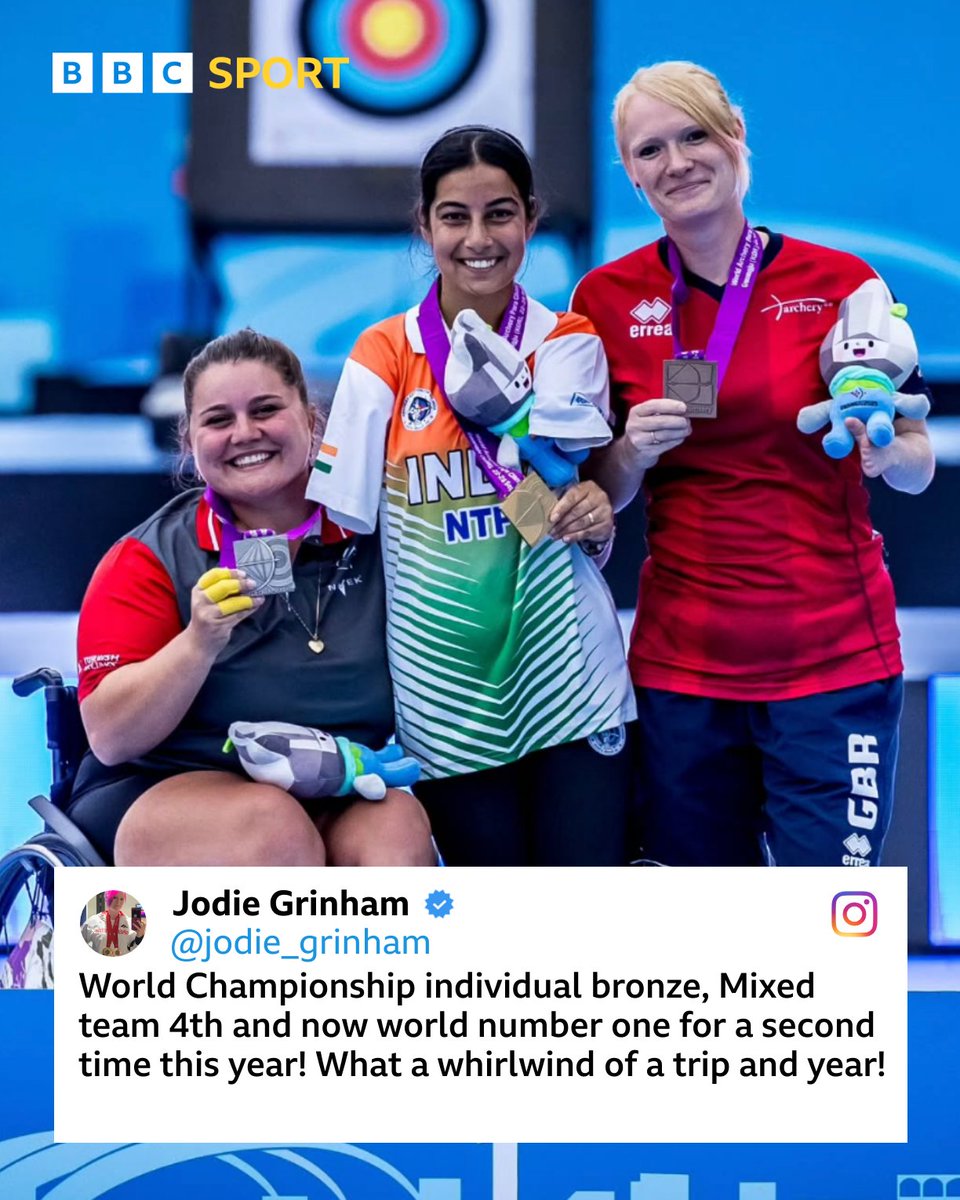 BBCSportWales's tweet photo. Jodie Grinham has won individual bronze at the Para Archery World Championship in Gwangju, South Korea, as India's Sheetal Devi took gold! 🏹🥉 https://t.co/wFNuPeJB9s