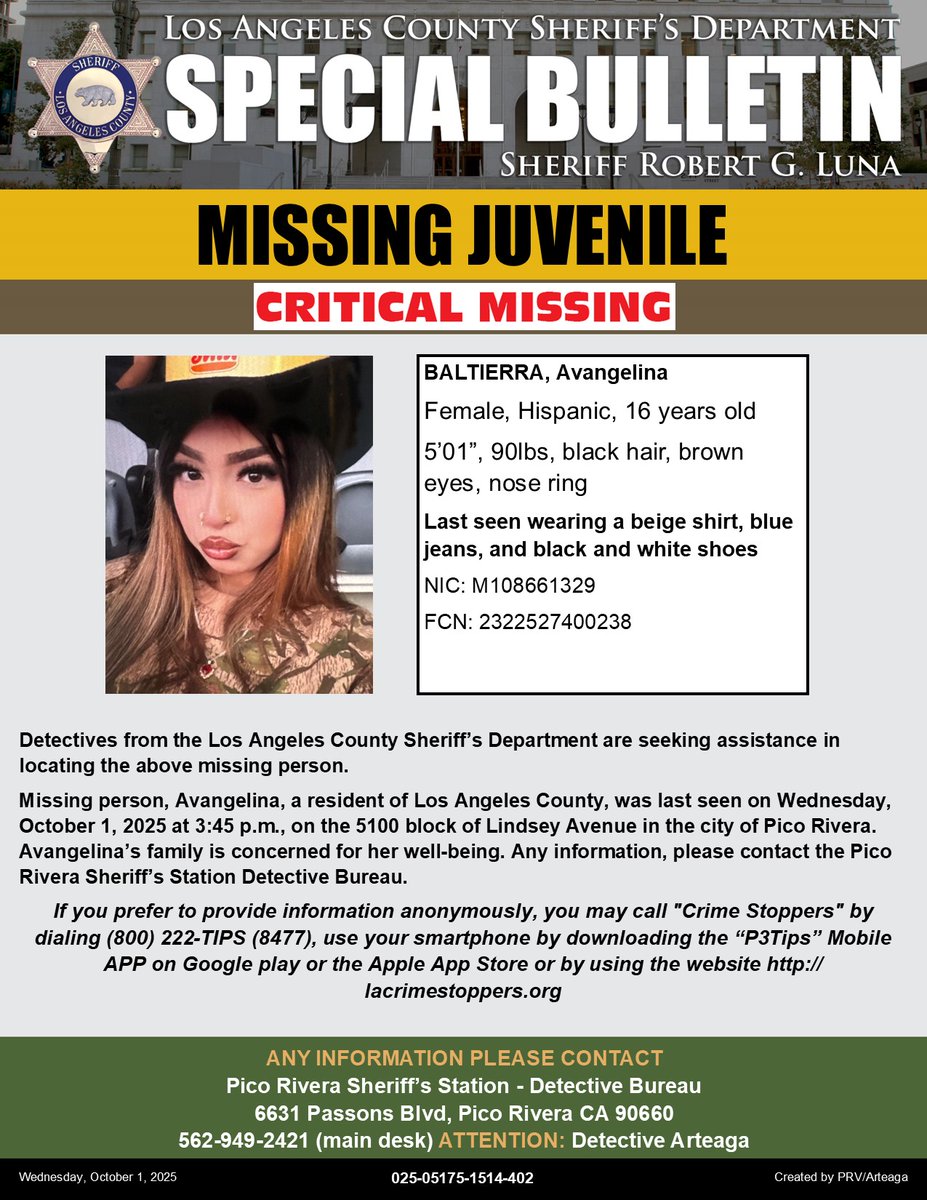 #LASD is Asking for the Public’s Help Locating Critical Missing Juvenile, Avangelina Baltierra #PicoRivera

local.nixle.com/alert/11906157