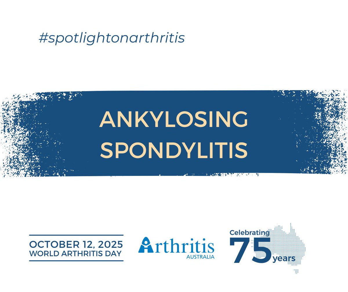 #AnkylosingSpondylitis is a form of #arthritis that mainly affects the spine, leading to chronic back pain, stiffness, and fatigue. In severe cases, the spinal bones can fuse together, significantly limiting movement. 
Learn more: arthritisaustralia.com.au/types-of-arthr…
#WorldArthritisDay2025