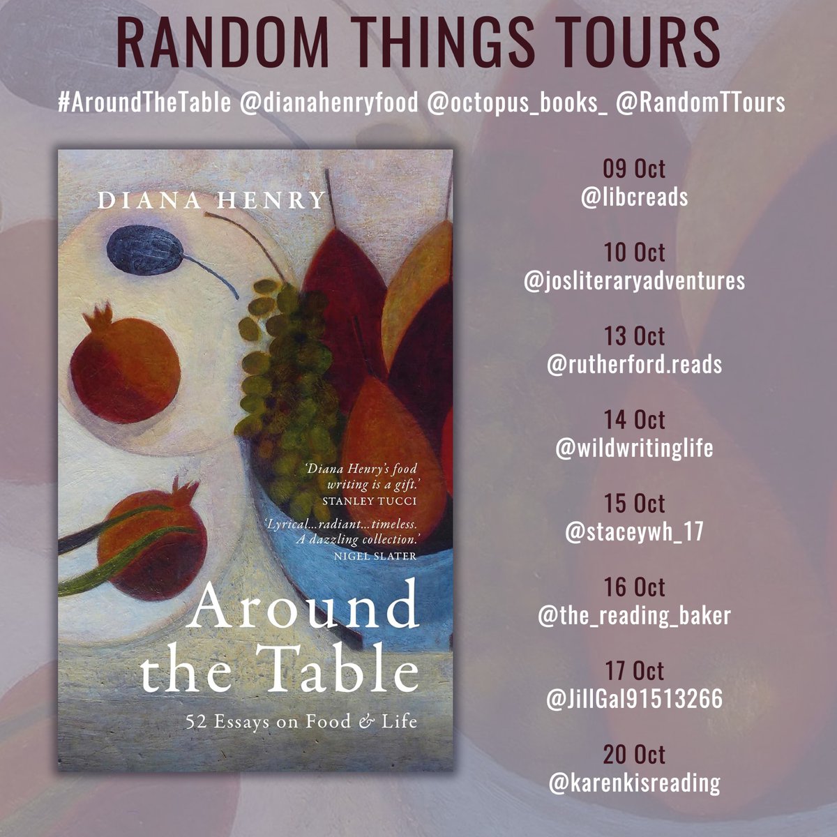 RandomTTours's tweet photo. Delighted to organise this #RandomThingsTours Blog Tour for #AroundTheTable by @DianaHenryFood with @Octopus_Books
Begins 09 October
@ElizabethCurrie
@KateRutherford6
@wildwritinglife
@JillGal91513266 https://t.co/E3KHEZMVV8