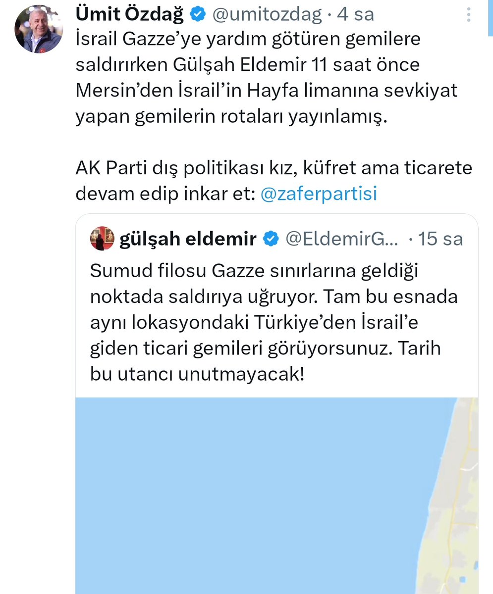 🚨 Fetöcüler, Mossad'ın köpekleri ve Ümit Özdağ aynı anda yalan haber servis ediyor..

Türkiye'den hiçbir gemi İsrail'e gitmiyor. Gemi Liberya'dan Türkiye'ye bırakacağı malı bırakıp sonra İsrail'e gidiyor.

Mossad'ın etki ajanlarına dikkat edin..!