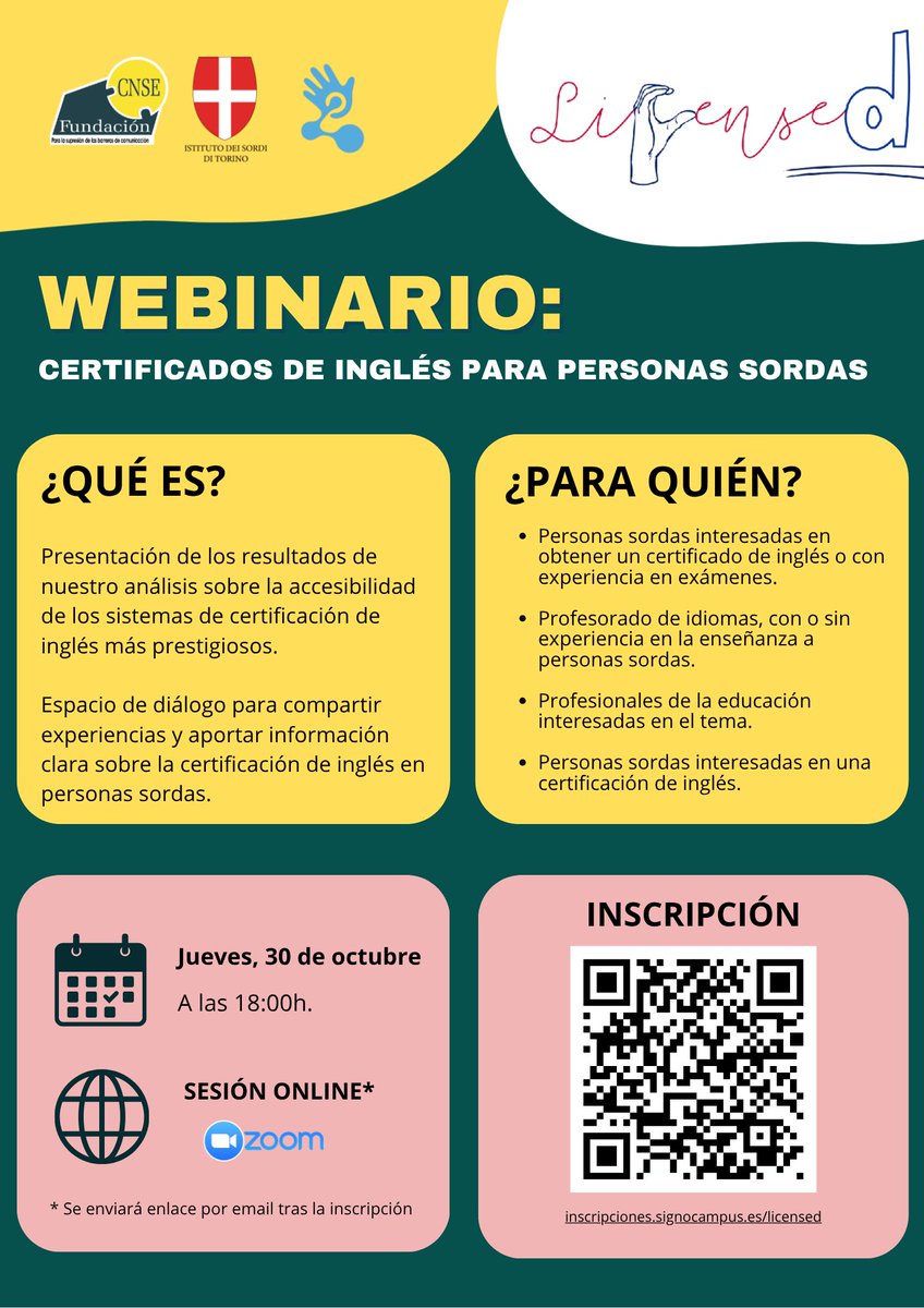 FundacionCNSE's tweet image. ¡Webinario sobre certificados de inglés accesibles para personas sordas!

Proyecto LICENSED (Erasmus+) analiza la accesibilidad de los certificados

📅 30 de oct. (18h, Zoom)

Inscripción hasta el 28/10/2025: inscripciones.signocampus.es/licensed

#personassordas #idiomas #inglés