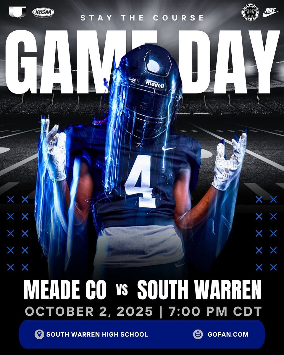 ⚔️ GAME DAY ⚔️

Meade Co vs. South Warren

Thursday, October 2
7 p.m. 

South Warren High School
8140 Nashville Road
Bowling Green, KY 

Tickets - bit.ly/MeadeCovsSouth

Theme - Pink Out

Livestream - stfanclub.com

Sponsor - @_germanamerican

⚔️ STAY THE COURSE ⚔️