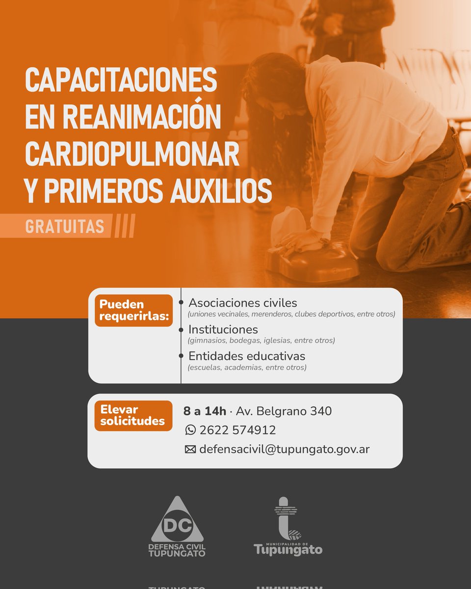 🙌 𝗦𝗔𝗟𝗩𝗔𝗥 𝗩𝗜𝗗𝗔𝗦
Las Capacitaciones en RCP y Primeros Auxilios de 𝗗𝗲𝗳𝗲𝗻𝘀𝗮 𝗖𝗶𝘃𝗶𝗹 𝗧𝘂𝗽𝘂𝗻𝗴𝗮𝘁𝗼 fueron declaradas de Interés Departamental por el HCD.

📅 Si querés que tu institución o equipo reciba estas capacitaciones, están abiertas las inscripciones.
