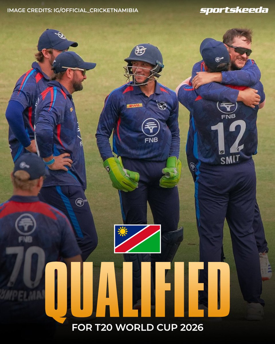 Sportskeeda's tweet image. 𝐍𝐚𝐦𝐢𝐛𝐢𝐚 𝐪𝐮𝐚𝐥𝐢𝐟𝐢𝐞𝐬 𝐟𝐨𝐫 𝐭𝐡𝐞 𝐓𝟐𝟎 𝐖𝐨𝐫𝐥𝐝 𝐂𝐮𝐩 𝟐𝟎𝟐𝟔! 🇳🇦🏆

After defeating Tanzania in the semi-final, they’ve secured their spot. The remaining place will go to either Zimbabwe or Kenya! 🇿🇼🇰🇪

#Namibia #T20WorldCup #Qualifiers #Sportskeeda