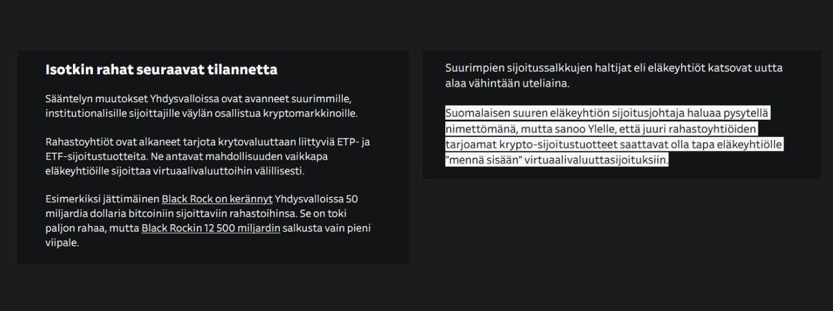 Suomalaisen suuren eläkeyhtiön sijoitusjohtaja sanoo Ylelle, että esim. maailman suurimman varainhoitajan BlackRockin tarjoamat krypto-sijoitustuotteet saattavat olla tapa eläkeyhtiöille mennä sisään virtuaalivaluuttasijoituksiin.

Edistystä. 🚀