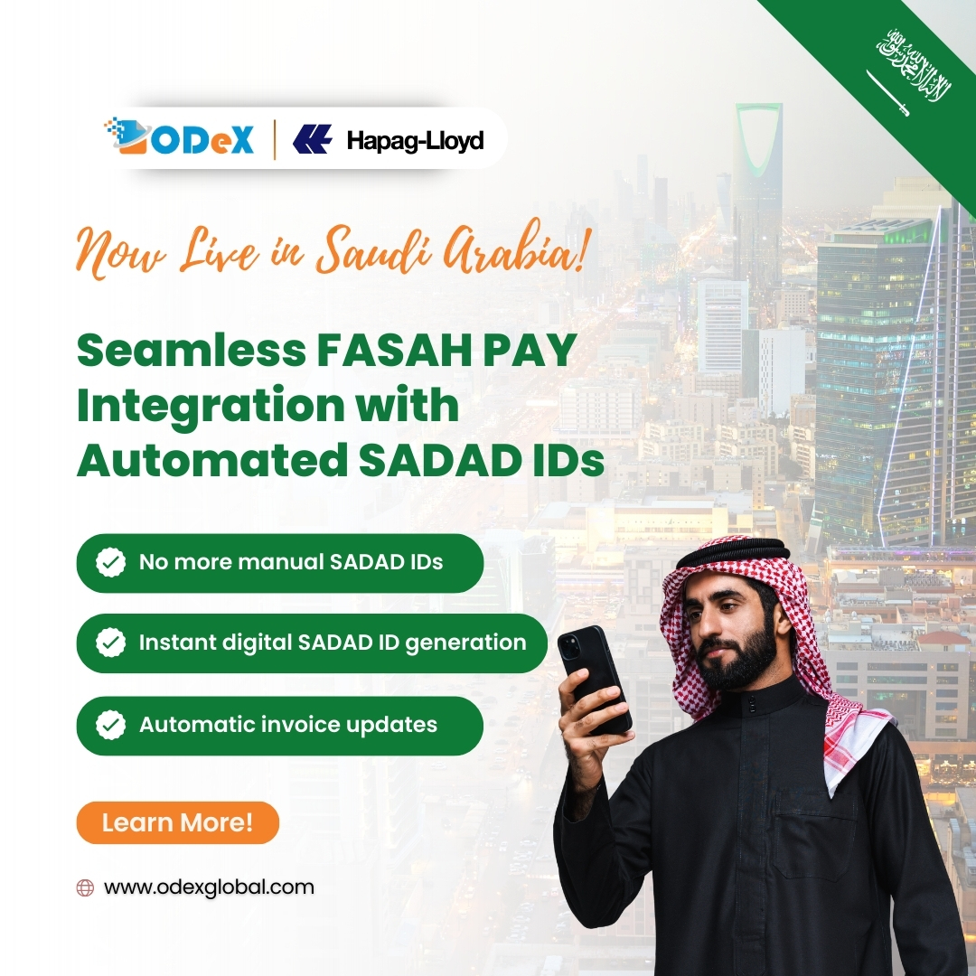 🌍 Saudi Arabia, we’re live! 🚢

With FASAH PAY + Automated SADAD IDs, trade just got simpler:
⚡ No manual IDs
⚡ Instant digital generation
⚡ Automatic invoice updates

Another step towards smarter, faster, and more connected trade. ✨

#ODeX #HapagLloyd #FASAH #SADAD