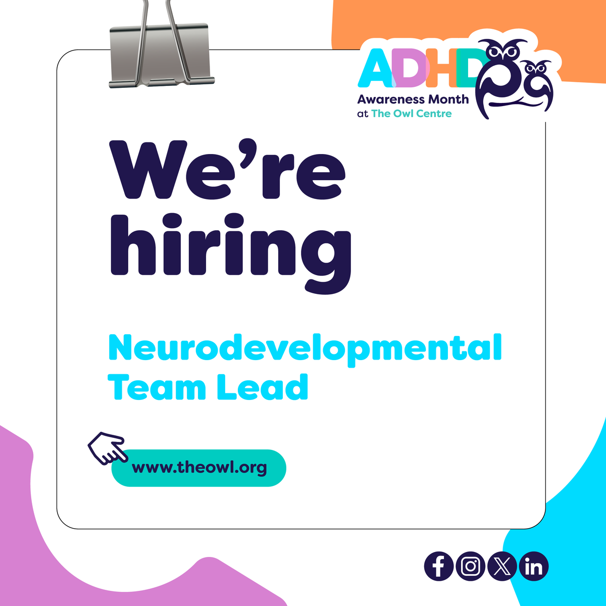 TheOwlCentre's tweet photo. We are hiring a Neurodevelopmental Team Lead

🌍 Remote (UK)
💼 Lead + support clinicians
⚖️ Leadership + small caseload

Be part of a forward-thinking, passionate team shaping neurodevelopmental care.

Apply now at https://t.co/xJk5LWC2J3

#ADHD #ADHDAwareness #ADHD2025 

🦉 https://t.co/oXKHuyji9U