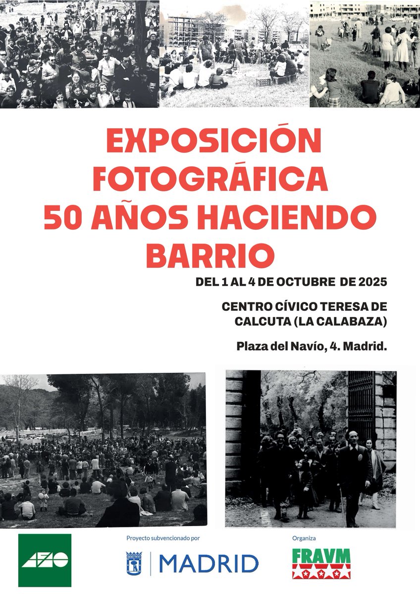 FRAVM's tweet photo. Ayer asistimos a la inauguración de la exposición fotográfica por el 50 aniversario de la @avAFAO de #AlamedaDeOsuna
🎉¡Únete a la celebración! Esta semana han preparado actividades vecinales en el centro sociocultural Teresa de Calcuta (Plaza del Navío, 1) https://t.co/tSlo1zicPK