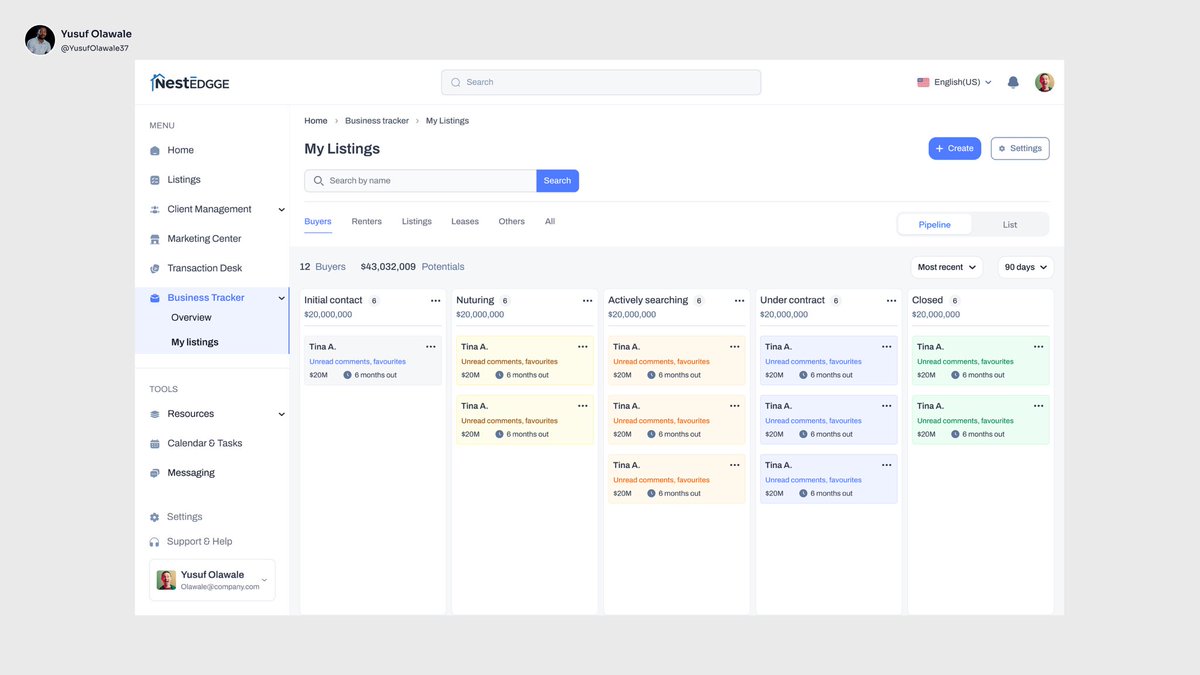 The business tracker page helps the agent track their clients and deals in one place. The goal is to keep the agents organized, focused and in control of their sales