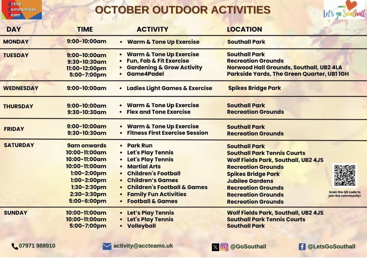JM4NorwoodGreen's tweet image. #NorwoodGreen #Southall &amp;amp; @EalingCouncil residents @GoSouthall October outdoor activity calendar is now live!
From walking groups to nature routes &amp;amp; lots, lots more besides —get involved meet new friends &amp;amp; enjoy the great outdoors!
Scan their QR code to #getoutgetactive