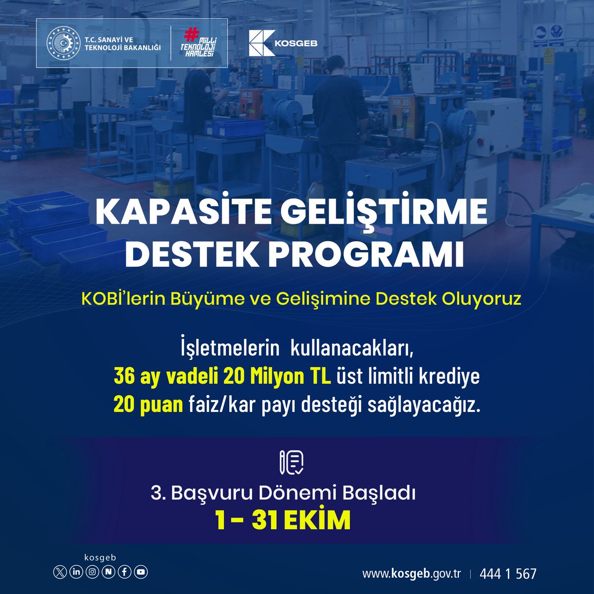 📢 KOBİ’lerimizin üretim kapasitelerini ve rekabet güçlerini artırmak için Kapasite Geliştirme Destek Programı’nın 3. başvuru dönemi başladı.

📌 20 milyon TL’ye kadar, 36 ay vadeli kredi için 20 puanlık finansman desteği sağlıyoruz.

Bu yıl, ilk iki başvuru döneminde 1.647