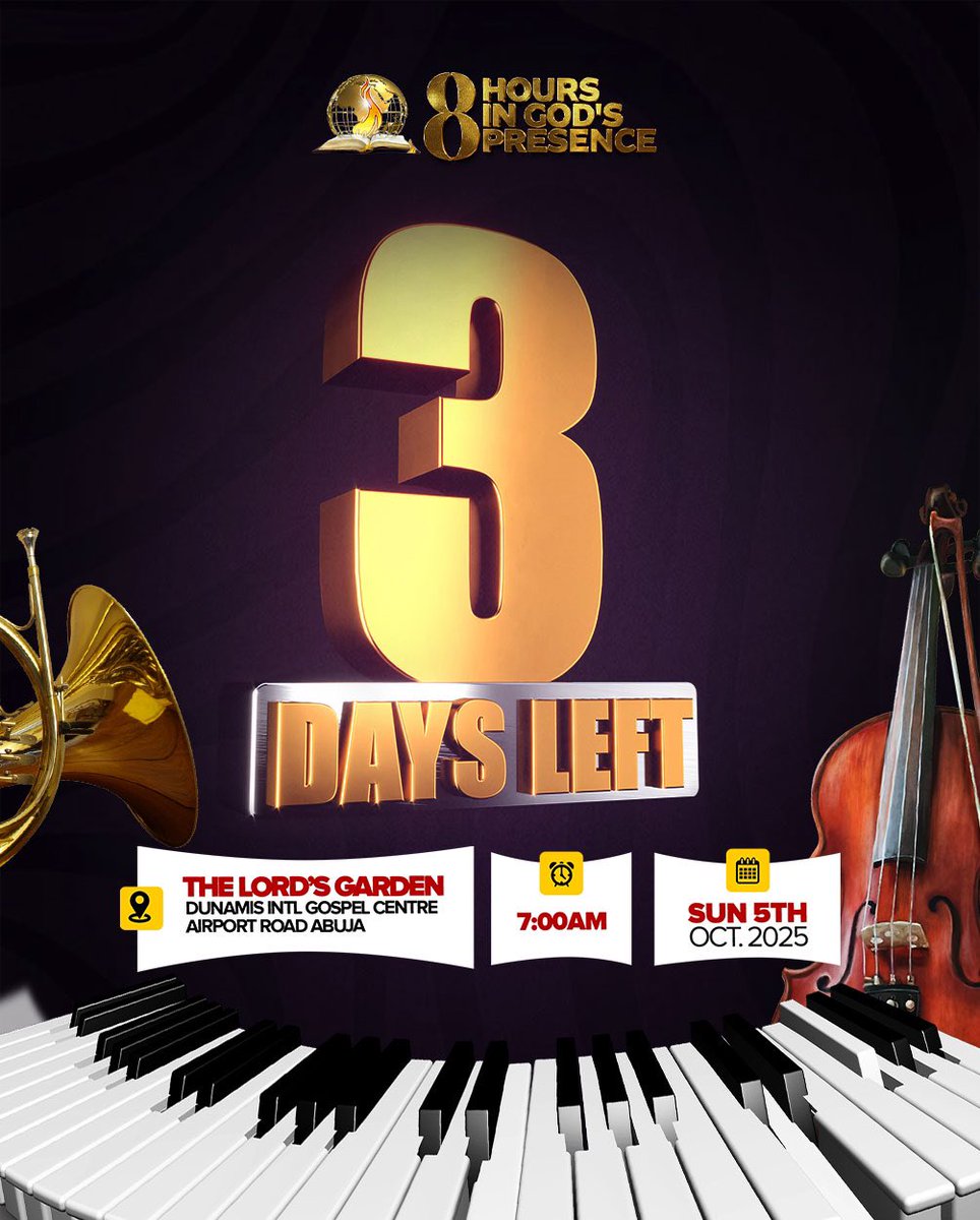 Beloved, just 3 days stand between you and a divine encounter that will shape your destiny. In His Presence, battles bow, and victories are released. Don’t just come; come ready! 

3 days to go; 3 steps closer to the blessings of His Presence!