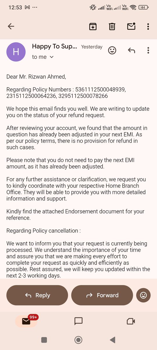 Call2Rizwan's tweet photo. @StarHealthIns I have already mailed support team regarding the issue, even I have attached the screenshot of their mail, check this tweet thread. 

But, I didn't got satisfactory solution

My Ticket is 20849572 https://t.co/wSsglhpHNI