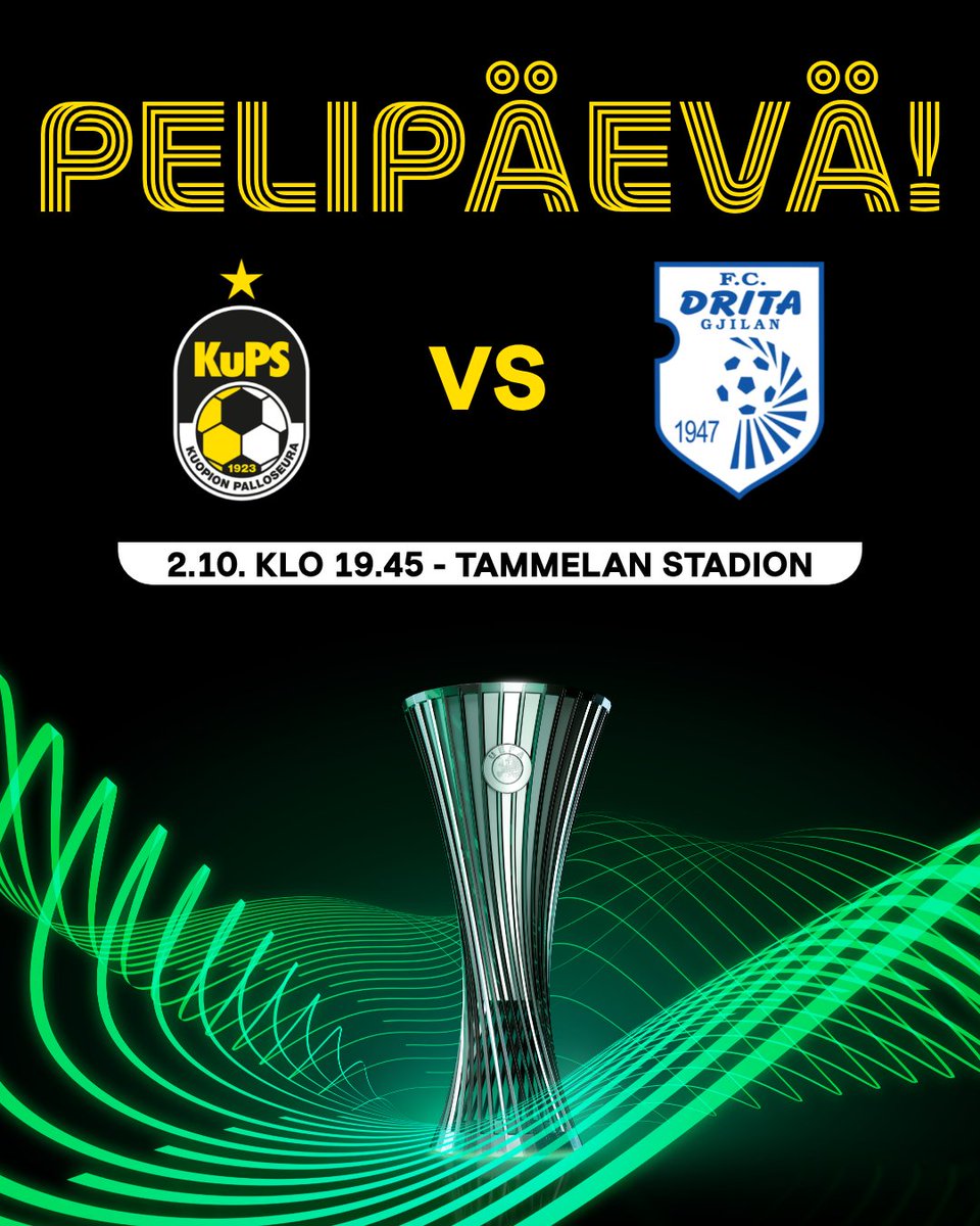 PELIPÄEVÄ! Eikä mikä tahansa vaan se pitkään odotettu Konferenssiliigan avausottelu. 💥 

Kotona tai vieraissa, aina yhdessä. 💛🖤

🆚 KuPS - FC Drita
⚽️ Konferenssiliiga
🕖 To 2.10. klo 19.45
🏟️ Tammelan Stadion
📺 Viaplay
👉 Liput ja lisätiedot: kups.fi/kups-euroopassa