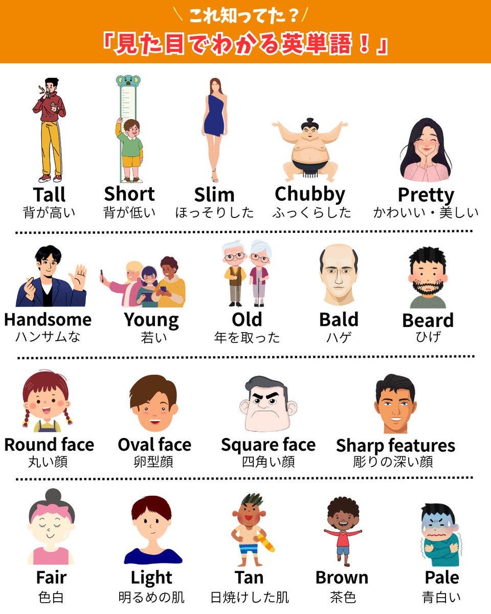 Eadventure_'s tweet photo. 見た目に関する英単語をチェックしてみよう☑️
肌色、髪型、顔の特徴、体型…全部英語で言える？👀
「私はSlimでCurly hair」など、SNSで使えるフレーズも覚えられるよ😉
保存して毎日少しずつマスターしよう！

#英単語 #英語学習 #英語初心者 #eアド英語 https://t.co/SpScA1zYHq