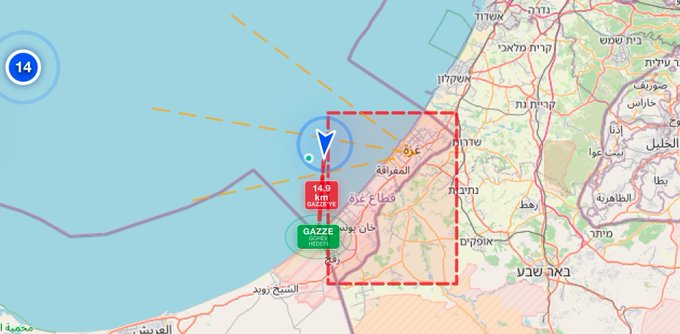 ahaber's tweet photo. #Mikeno teknesinden yeniden GPS sinyali alınmaya başlandı.   Tekne an itibariyle Gazze’ye 15 km mesafede!

   #FreePalestine #gaza #GazaGenocide #FreePalestine https://t.co/gd7nvwINWn