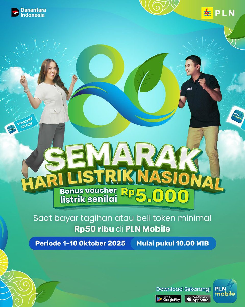rizki__yansyah's tweet photo. Semarak Hari Listrik Nasional, Bonus voucher listrik senilai Rp. 5000 di PLN Mobile

Hari Listrik Nasional ke-80 makin spesial bareng PLN Mobile!
Cukup bayar tagihan atau beli token minimal Rp50 ribu, kamu langsung dapat bonus voucher listrik Rp5 ribu buat transaksi berikutnya. https://t.co/i3QKBDi953