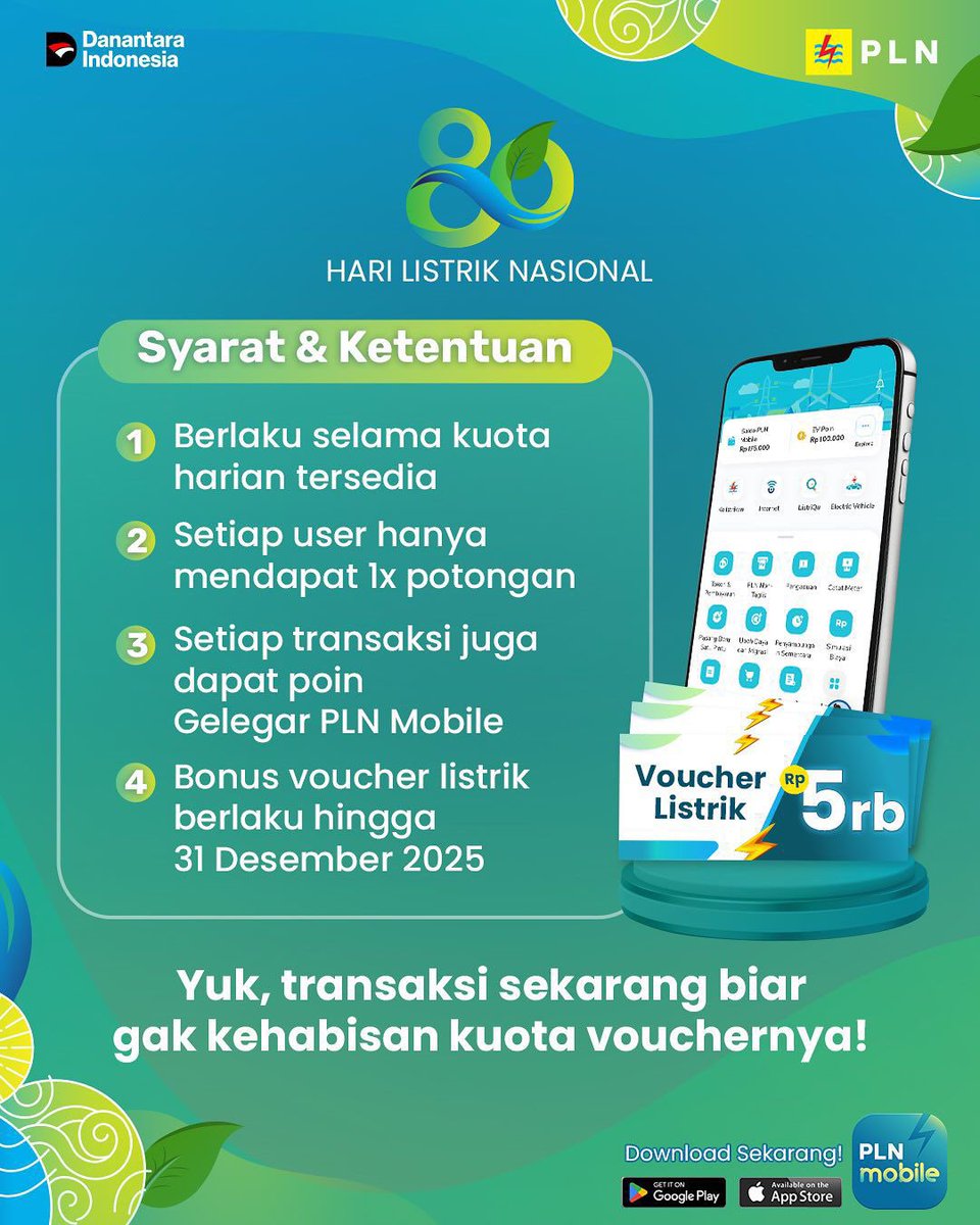 rizki__yansyah's tweet photo. Semarak Hari Listrik Nasional, Bonus voucher listrik senilai Rp. 5000 di PLN Mobile

Hari Listrik Nasional ke-80 makin spesial bareng PLN Mobile!
Cukup bayar tagihan atau beli token minimal Rp50 ribu, kamu langsung dapat bonus voucher listrik Rp5 ribu buat transaksi berikutnya. https://t.co/i3QKBDi953