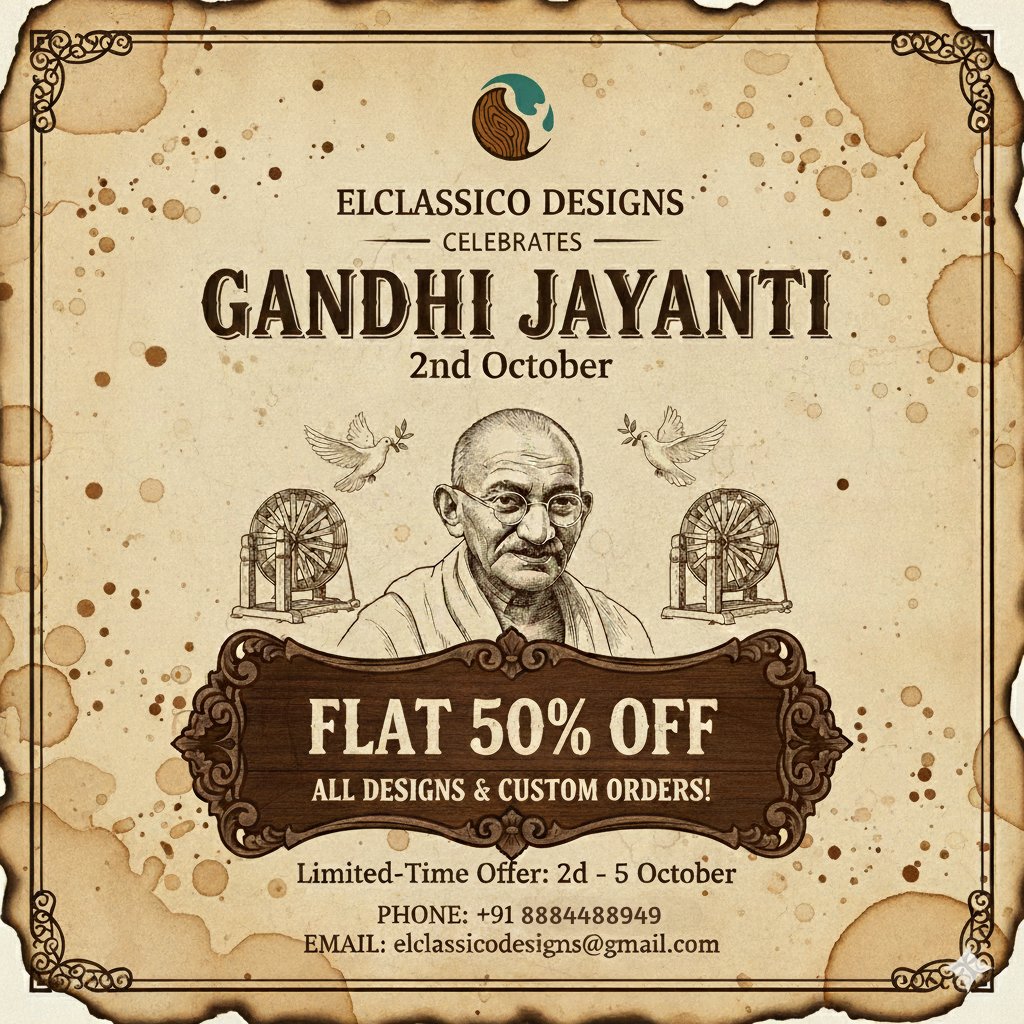 ElclassicoDsgn's tweet image. 🌿 This #GandhiJayanti, we celebrate peace &amp;amp; timeless craftsmanship.
✨ FLAT 50% OFF on all designs &amp;amp; custom orders!
🗓️ Offer valid: 2nd–5th Oct
Craft heirlooms. Weave emotions. Create your story with us.💚
#ElclassicoDesigns #HalfPriceSale #ShopNow  #SaleAlert