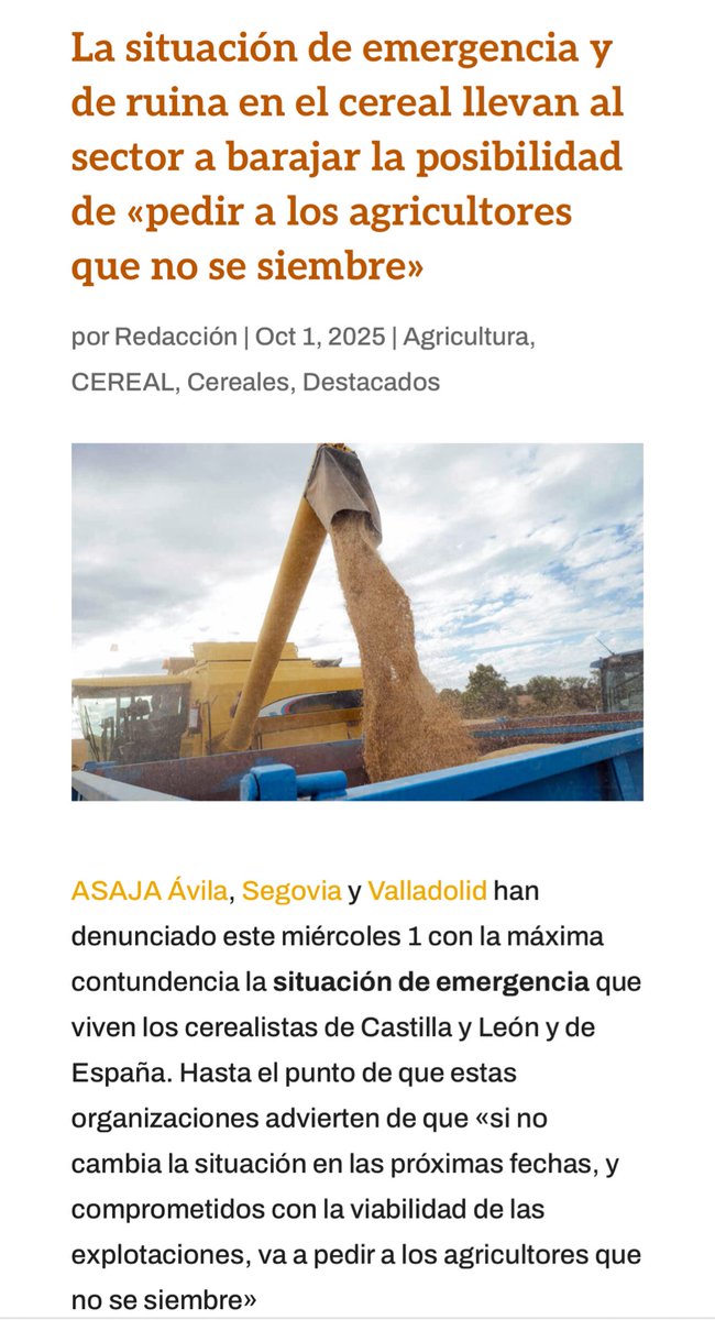 Por si no lo sabían estamos a un plis de que salgan a la calle de nuevo los agricultores en masa

Las tierras de calma, con sus trigos sobre todo; llevan años con precios por los suelos 

Nunca había escuchando que se baraje la opción “pedir que no se siembre”