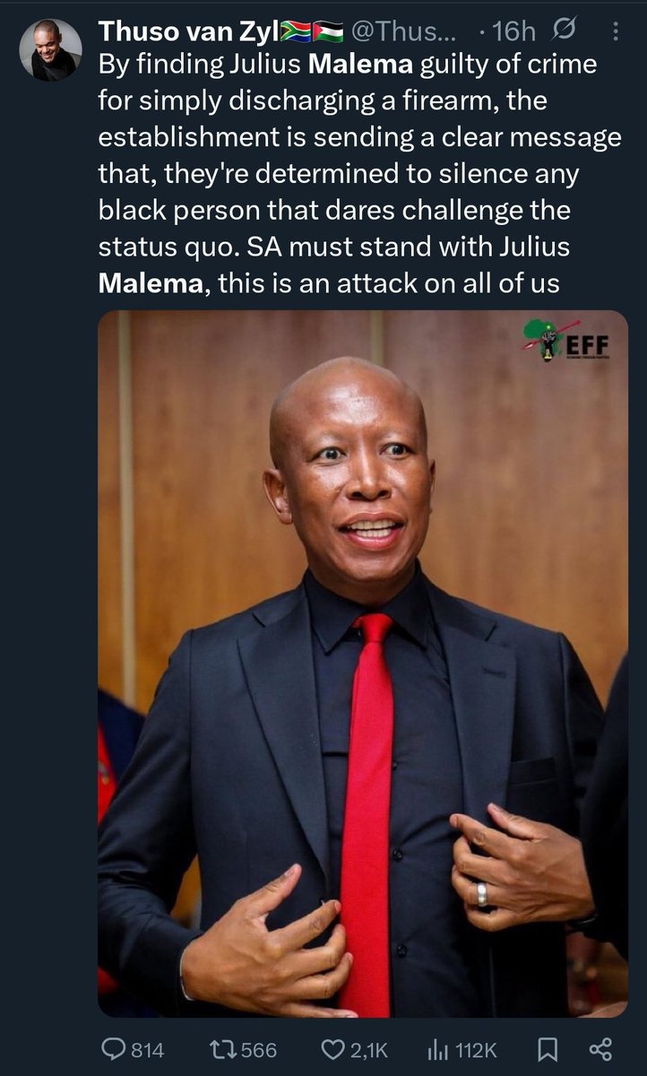 ubuntu_nation's tweet photo. Julius malema was found guilty of firing a gun in public, it's against the law to do that.

It's now white peoples fault that he has been found guilty of breaking the law https://t.co/URZirXTjA0