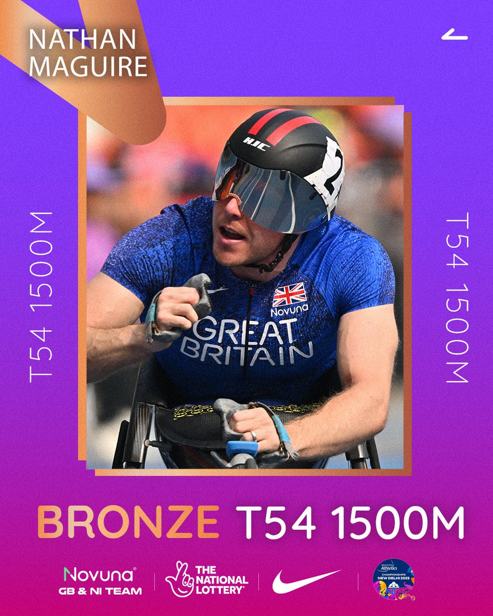 BritAthletics's tweet photo. Nathan Maguire WOW! 🤩

He clinches his second ever World Championship medal with 1500m bronze 🥉

Storming onto the podium in a tense sprint on the home straight!

#NovunaGBNI #newdelhi2025 https://t.co/Ffc3p6l0kj