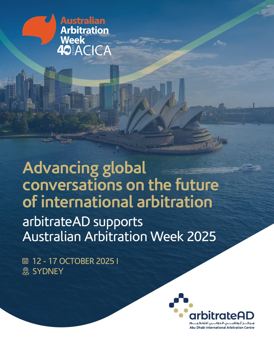 arbitrateAD is pleased to support Australian Arbitration Week (AAW), taking place from 12–17 October 2025 in Sydney. This year’s edition of AAW will be particularly special, as ACICA celebrate their 40th anniversary.  

ow.ly/2et050X5oHf
ow.ly/1vAi50X5oHe