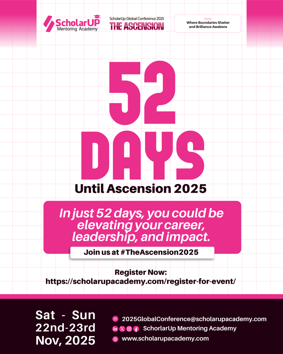 Scholarupacadmy's tweet image. 52 days isn’t far.
In 52 days, your strategy, leadership, and impact could evolve.
Ascension isn’t just an event, it’s transformation.
Where do you want to be in 52 days?
Comment your answer, don’t forget to follow us and retweet.
#LeadershipGrowth #FutureReady
