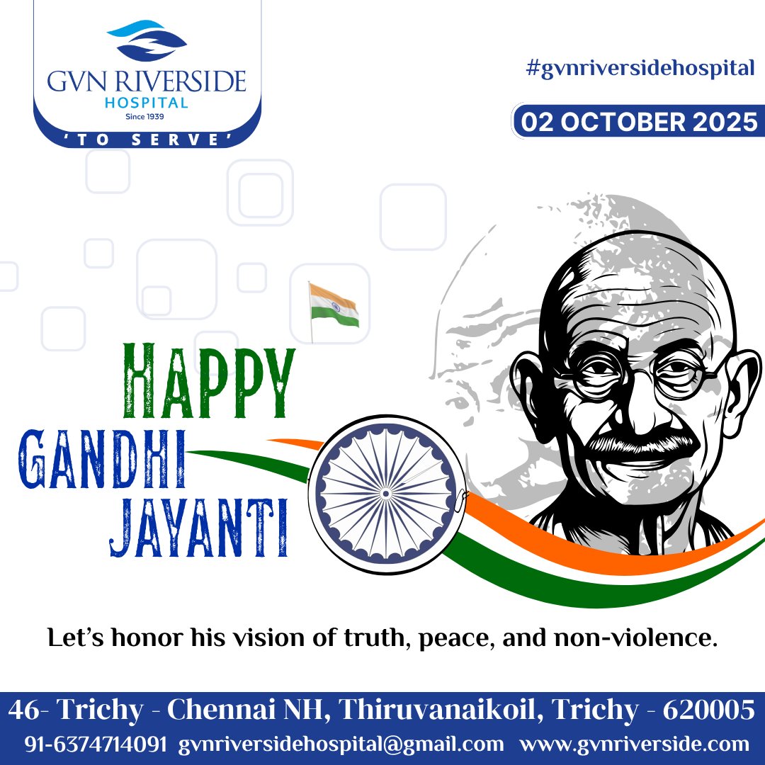GvnRiverside's tweet photo. Celebrating Gandhi Jayanti 🕊️
On this 2nd October, we honor the Father of the Nation, Mahatma Gandhi, whose principles of truth, peace, and non-violence continue to inspire the world. At GVN Riverside Hospital, we believe in carrying forward his legacy of compassion, service. https://t.co/M5e09Lpzmk