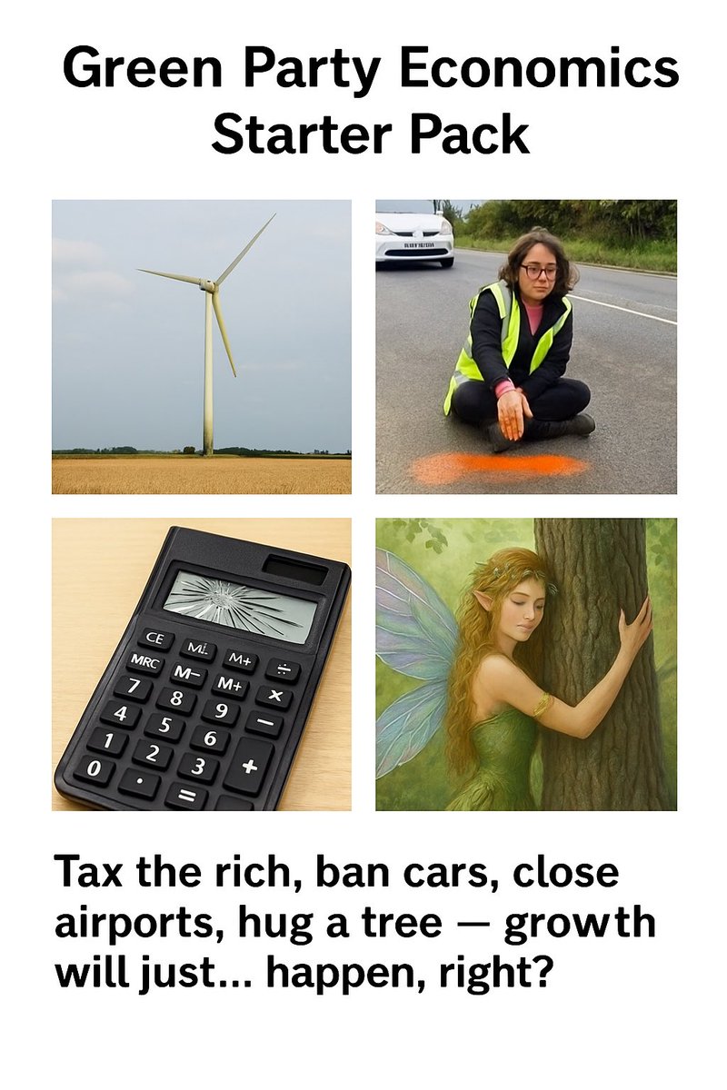 UKInvisibleHand's tweet image. Green Party economics explained: close down the things that work, raise the taxes that hurt, and hope the sun and wind make the rest of it up 🌱⚡️ #GreenParty #LogicFail