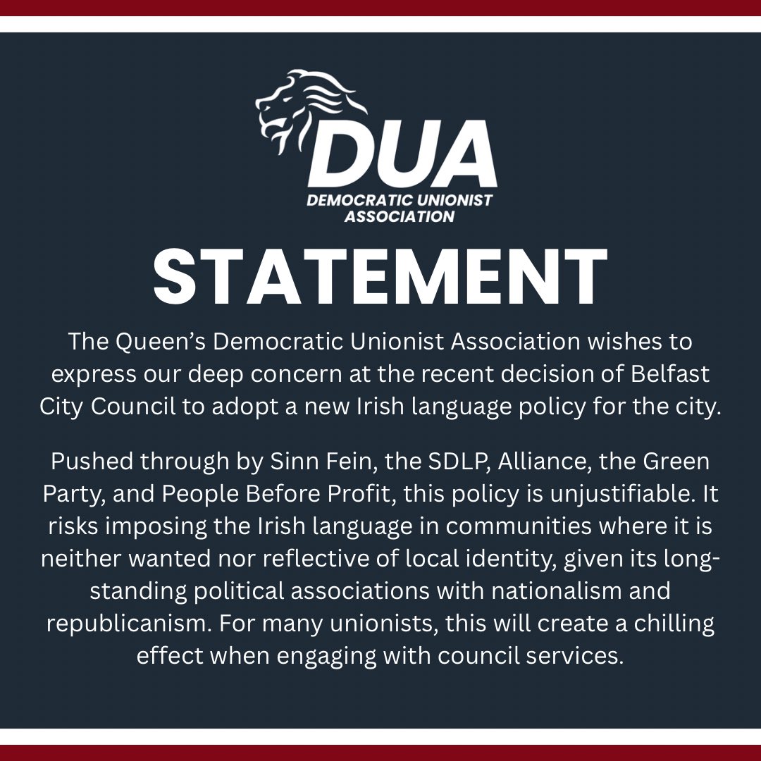 QUB_DUA's tweet photo. Our statement on yesterday’s vote by Belfast City Council to adopt a new Irish Language policy for the city.

The Queen’s Democratic Unionist Association will continue to lead efforts in standing up for unionists on campus &amp; ensuring that exclusionary policies never prevail. https://t.co/VTOmRYA0Kj