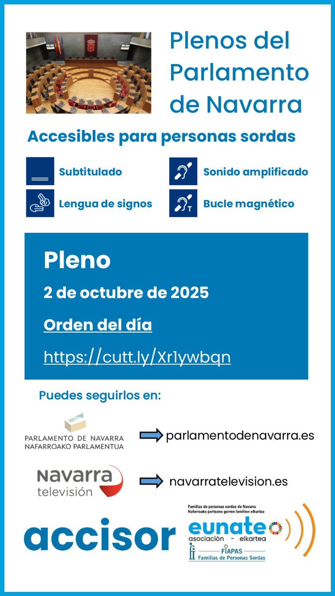 Pleno del <a href="/parlamentoNA/">Parlamento de Navarra / Nafarroako Parlamentua</a> accesible para personas sordas. A partir de las 9:30 puedes seguirlo en la web del Parlamento parlamentodenavarra.es o en <a href="/NavarraTV/">Navarra Televisión</a> 

Orden del día➡️ cutt.ly/Xr1ywbqn

#accesibilidad
#subtitulado 
#interpretesls
#buclemagnetico
#hablamosdederechos
