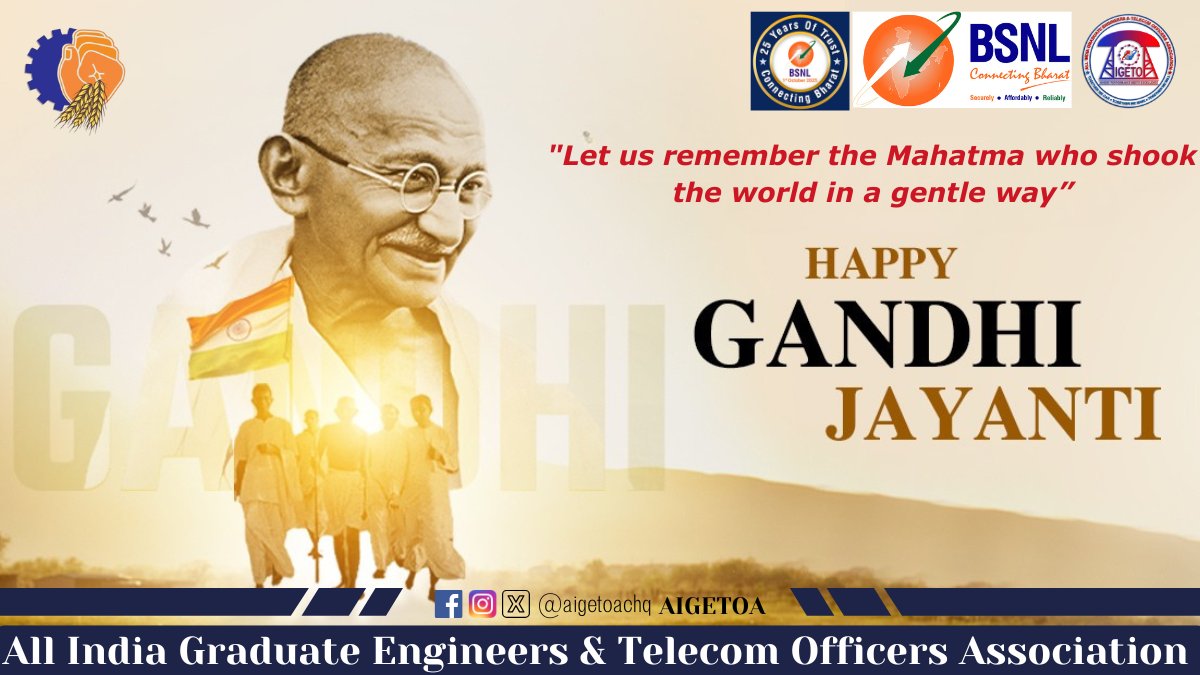 On #GandhiJayanti, AIGETOA pays heartfelt tributes to the Father of the Nation, Mahatma Gandhi.

His timeless principles of Truth, Non-Violence, and selfless Service to the Nation remain our guiding light. We, the executives of BSNL, reaffirm our commitment to dedicated work for