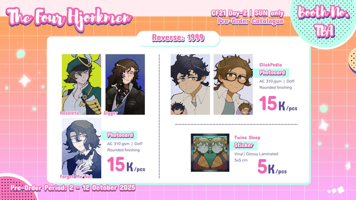 [ ↻ &amp; ♡ appreciated ]
The Four Hjönkmen's #CF21 PO is now open!✨

🗓️2–12 Oct
📦Pickup (Day 2) &amp; Mail Order
✨ZZZ, GI, HSR, IDV, R1999, Matara Kan, Hades, Originals
🔗Form: forms.gle/7VUdF1ogKFuRdW…

❗️Acrylics PO only available until 6 Oct

#comifuro21catalogue #Comifuro21
(1/3)