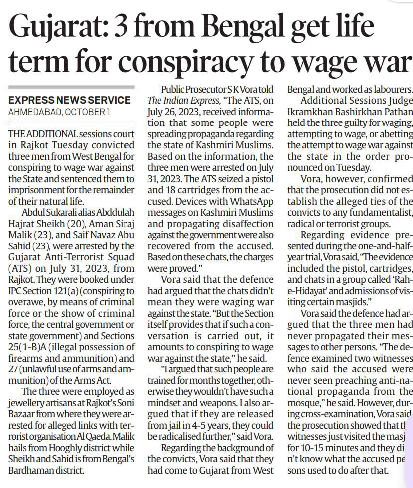 🚨Islamist gang gets what they deserve for planning conspiracy against India

Islamists - Hajrat seikh,Siraj Malik,Saif Navaz Abu Sahid get life imprisonment from Gujarat court for 'waging war' against India.