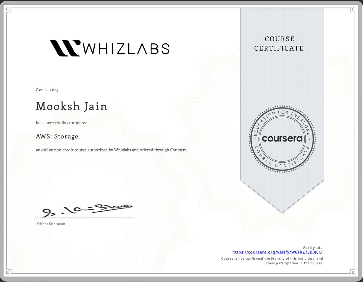 Maverickbitcode's tweet image. Just wrapped up an exciting learning journey with Whizlabs! I’m proud to have earned certificates in AWS: Storage and Azure Data Storage Solutions. It was a great experience insightful, hands on, and genuinely fun to explore cloud storage technologies across both platforms.