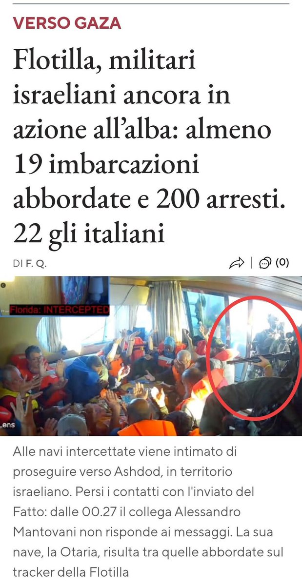Giorgioaki's tweet photo. Al momento:

19 imbarcazioni fermate, 23 ancora in navigazione.
200 arrestati - rapiti - tra cui 22 italiani (2 parlamentari): Tajani riferirà in Parlamento.

La comunità internazionale non solo evita di arrestare un soggetto su cui pende un mandato per crimini di guerra e contro l’umanità, ma permette che sia lui a dettare legge anche su cittadini di altri Paesi, persino al di fuori del territorio israeliano.

Fiorangela Altamura