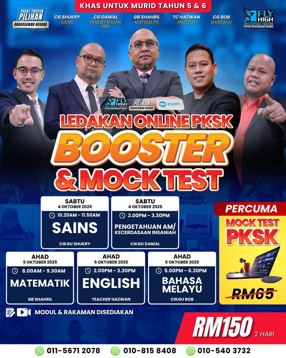 Anak-anak yang nak ambil PKSK, jom sertai bengkel bersemuka di UKM Bangi, UM KL &amp; Shah Alam.

Ambil peluang terakhir sebelum PKSK sebenar, belajar dengan guru-guru pakar.

Check link di sini ⬇️⬇️⬇️
flyhigh.onpay.my/order/form/map…

#FlyHighEdu
#MisiKeAsramaPenuh
#JelajahPKSK