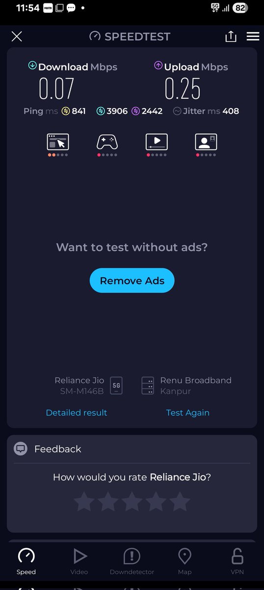 Aryanmani7's tweet image. Hey @reliancejio,
This is the current speed I’m getting on your so-called 5G network — Download: 0.07 Mbps, Upload: 0.25 Mbps, Ping: 841 ms 😞.
How is this acceptable service? Please fix the network issues urgently in my area.(Brijmanganj , UP , pin 273157) #Jio #PoorNetwork