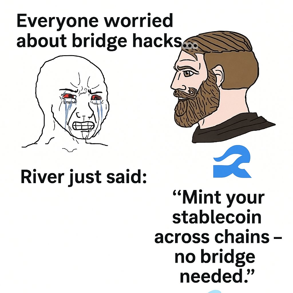 Everyone worried about bridge hacks…
River just said:
“Mint your stablecoin across chains — no bridge needed.” 🌊 <a href="/RiverdotInc/">River</a> <a href="/River4fun/">River4FUN 🐝</a>