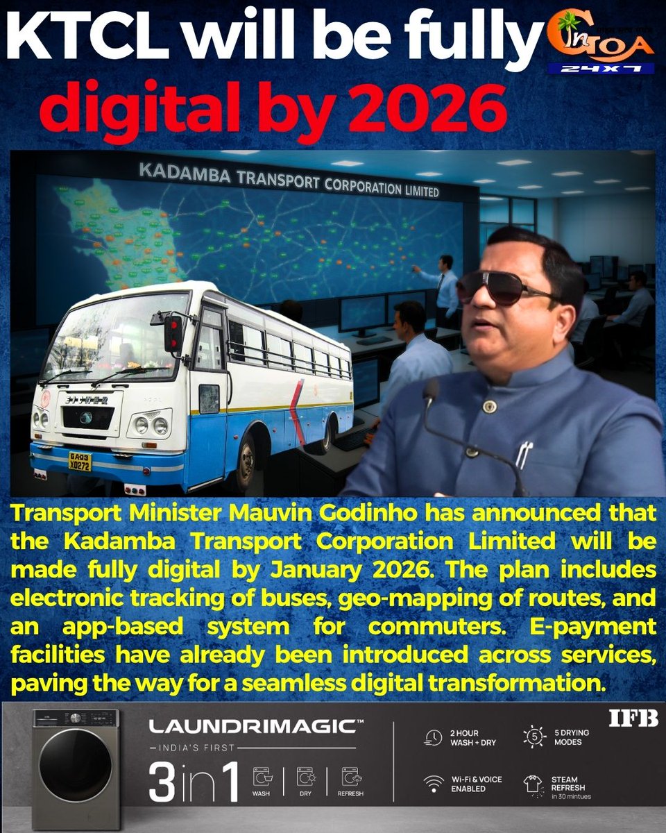 InGoa24x7's tweet image. Transport Minister Mauvin Godinho has announced that the Kadamba Transport Corporation Limited will be made fully digital by January 2026. The plan includes electronic tracking of buses, geo-mapping of routes, and an app-based system for commuters.

#Goa #GoaNews #KTCL