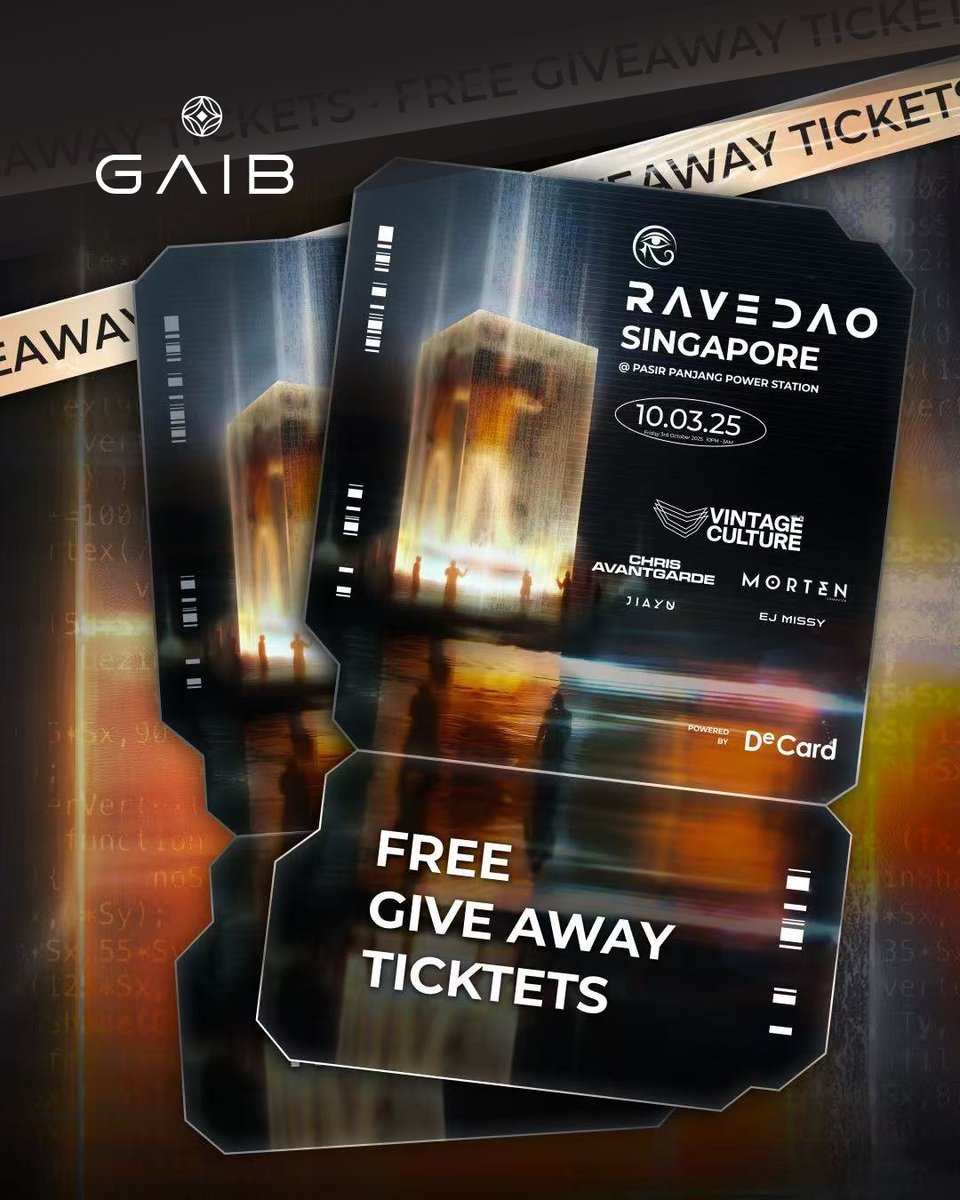 gaib_fremen's tweet photo. We’re teaming up with @RaveDAO and @PLVRio to give away 10 tickets to RaveDAO Singapore: ENL1GHT Festival 🌐

📅 Oct 3, 2025
🎧 Lineup: TOP #9 DJ @VintageCulture, Future Rave pioneer @MORTENofficial, Afterlife’s @chrisavantgarde + more!

At GAIB, we believe the future of culture, finance & AI is community-driven. What better way to celebrate that than on the dancefloor? 🪩

✅ How to enter:
1️⃣ Follow @gaib_ai, @RaveDAO & @Plvrio
2️⃣ Comment below why you would like to join the event
3️⃣ RT this tweet

Winners announced Oct 3. See you in Singapore! 🇸🇬