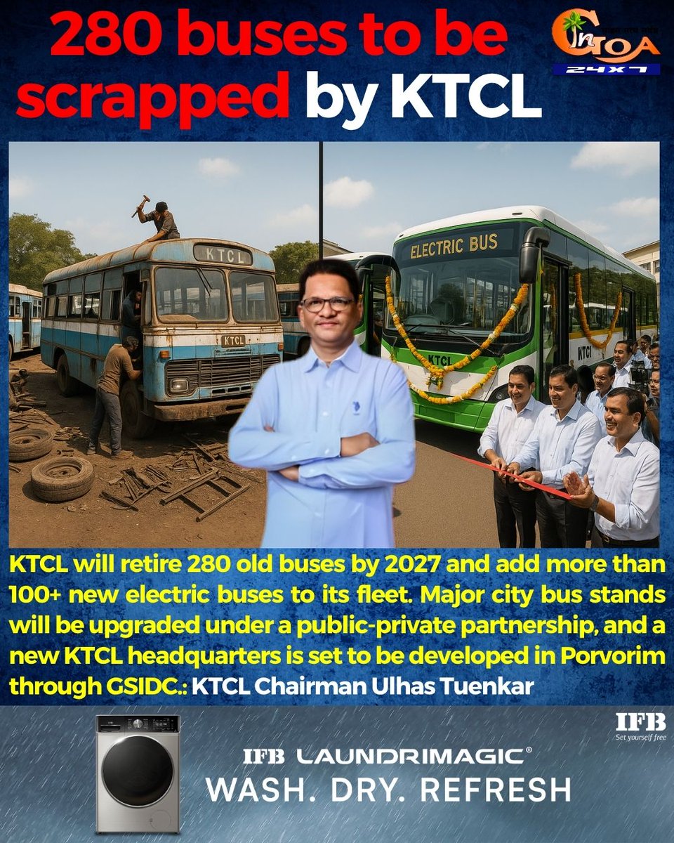 InGoa24x7's tweet image. KTCL will retire 280 old buses by 2027 and add more than 100+ new electric buses to its fleet. Major city bus stands will be upgraded under a public-private partnership: KTCL Chairman Ulhas Tuenkar

#Goa #GoaNews #KTCL #scrap #evbu