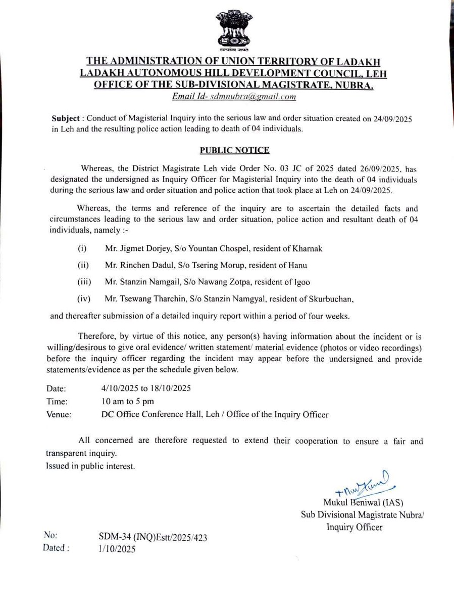 #Ladakh administration orders magisterial probe into the killing of four locals during September 24 protests.