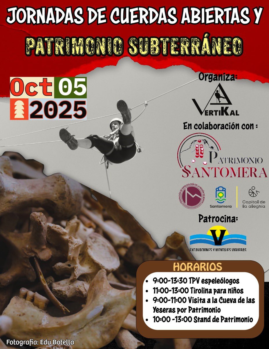 El próximo domingo 5 de octubre estaremos en la Jornada de cuerdas abiertas y patrimonio subterráneo que organiza el Club Vertikal.
Se realizarán varias actividades deportivas en el Espeleodromo del Limonar para todos los públicos y una visita al BIC de la Sierra de Orihuela.